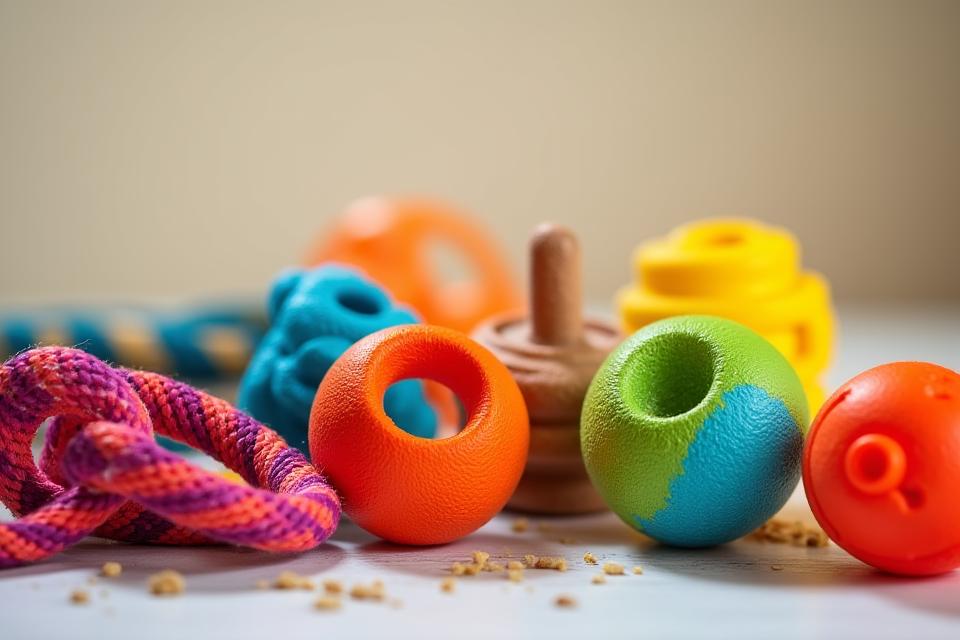 A close-up of various enrichment toys and training aids used at Canine Compass.
