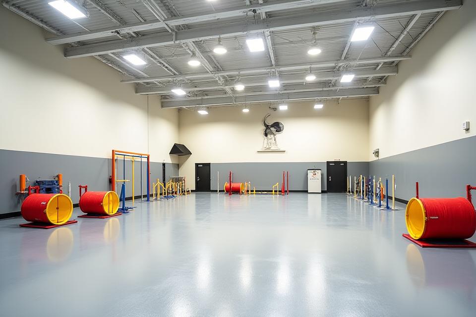 The spacious and clean indoor training area at Canine Compass with agility equipment.
