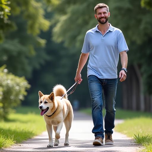 Buster the rescue dog happily walking alongside his owner David.