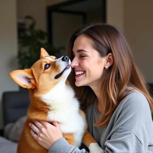 Mochi the Corgi with his owner Jessica showing a happy bond.