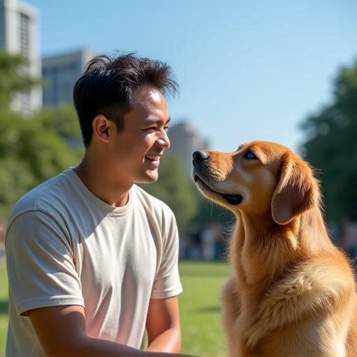 Liam smiling with his obedient Golden Retriever, Luna.