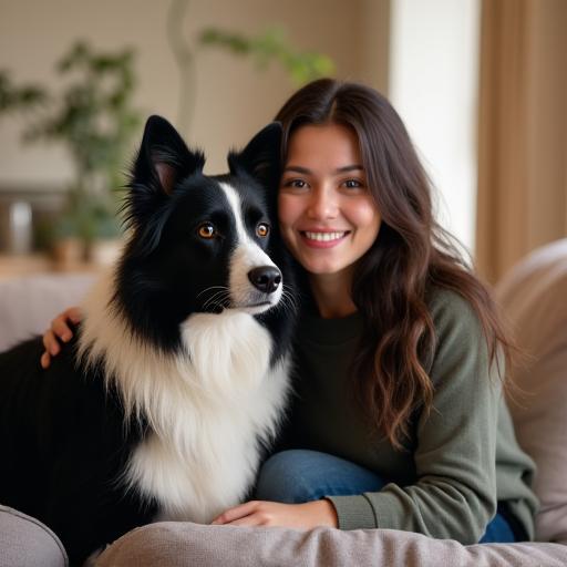 Min Li with her contented Border Collie, Oreo, at home.