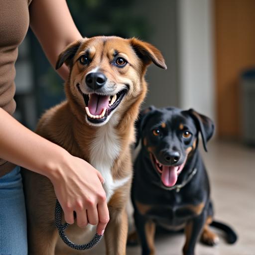 Pramila patting her happy mixed breed dog, Kopi, during training.